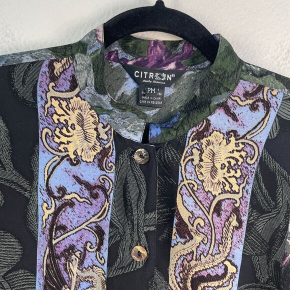 Citron Santa Monica Womens Medium Petite Silk Button Up Blouse Dragon Floral - Picture 8 of 12